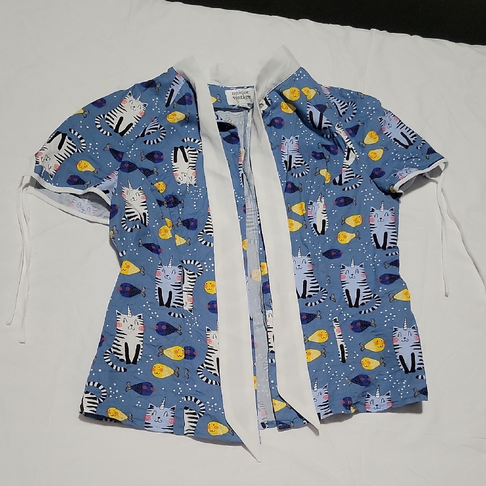 Unique Vintage Blue Fish Print Blouse